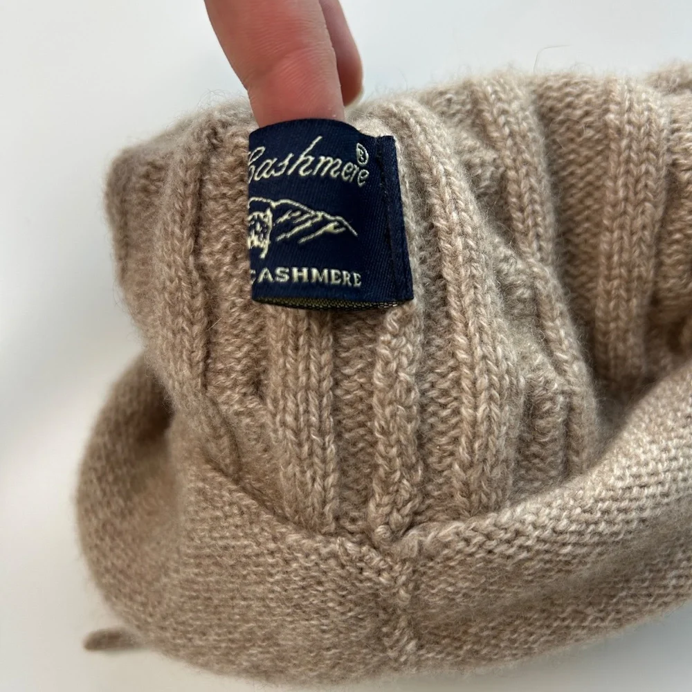 Mount Cashmere women one size beanie cable knit knot top brown 100% cashmere